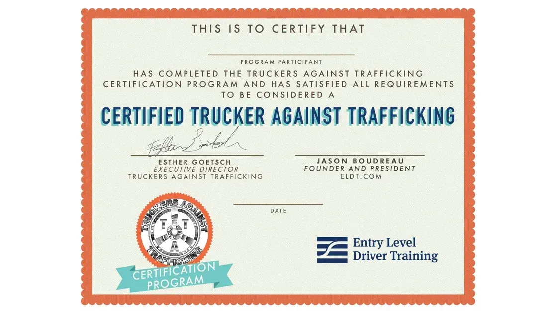 A certificate that says certified trucker against trafficking