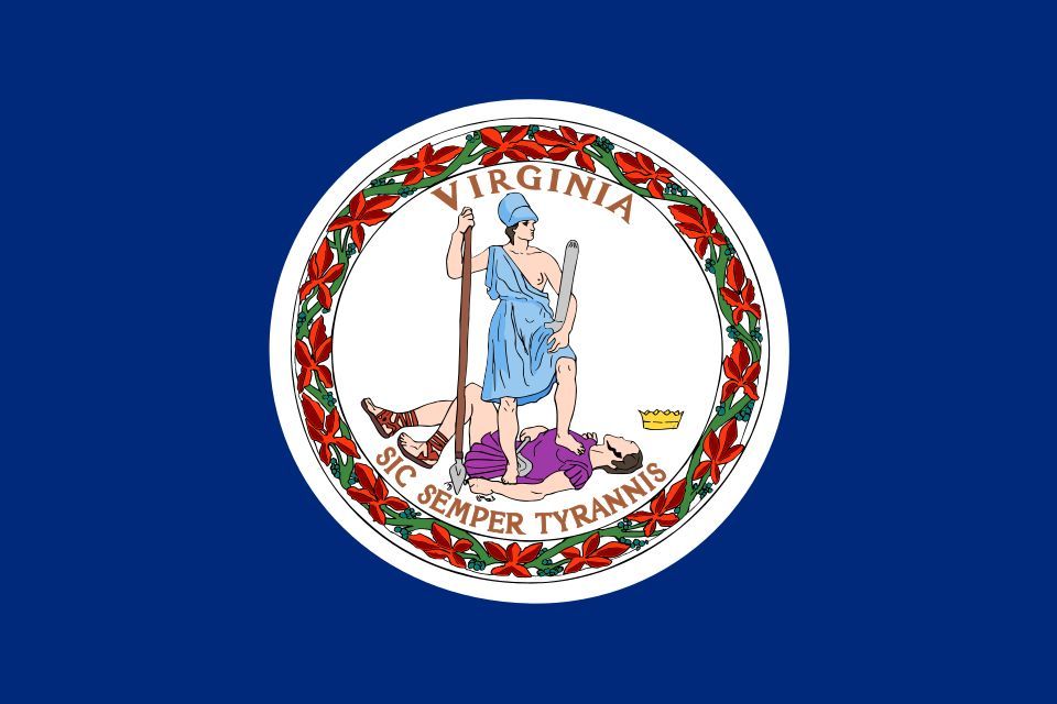 Flag of Virginia: state seal on a deep blue field, depicting Virtus standing over a defeated tyrant with the motto Sic Semper Tyrannis
