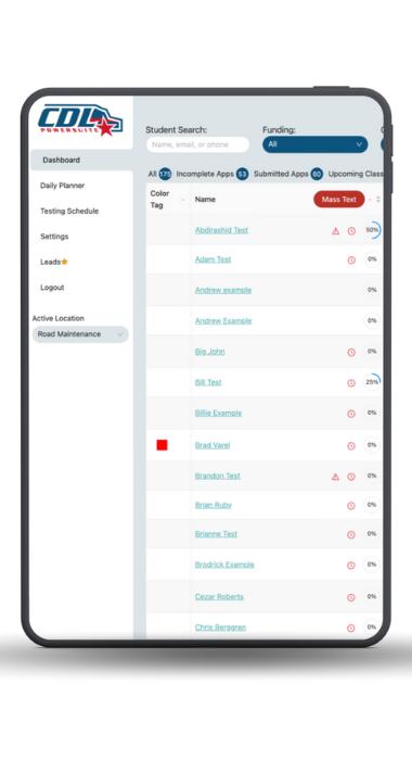 a tablet is displaying a CDL PowerSuite dashboard with a list of students