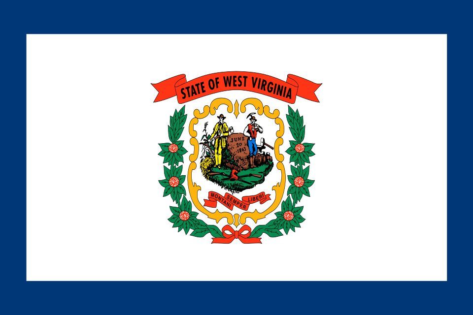 Flag of West Virginia: white field bordered in blue with the state coat of arms — a farmer and a miner beside a rock dated June 20, 1863, under the motto