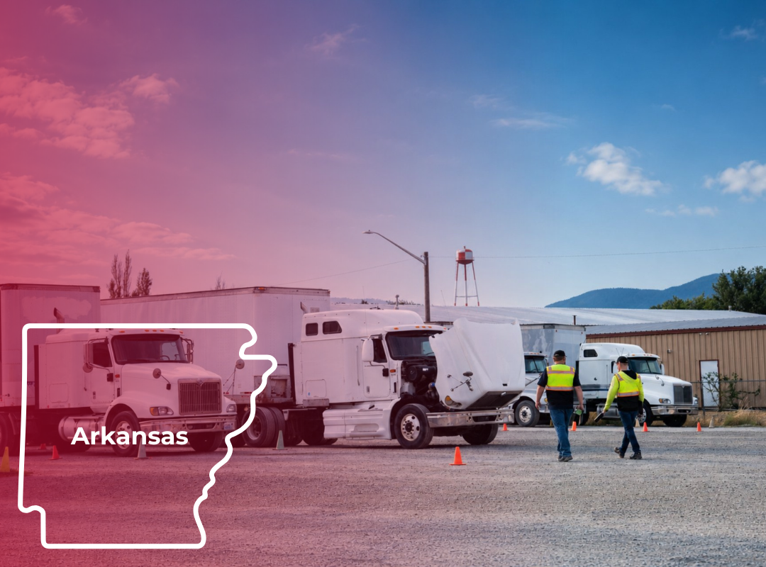 Man in orange vest directing a semi-truck, with an outline of Arkansas overlaid.