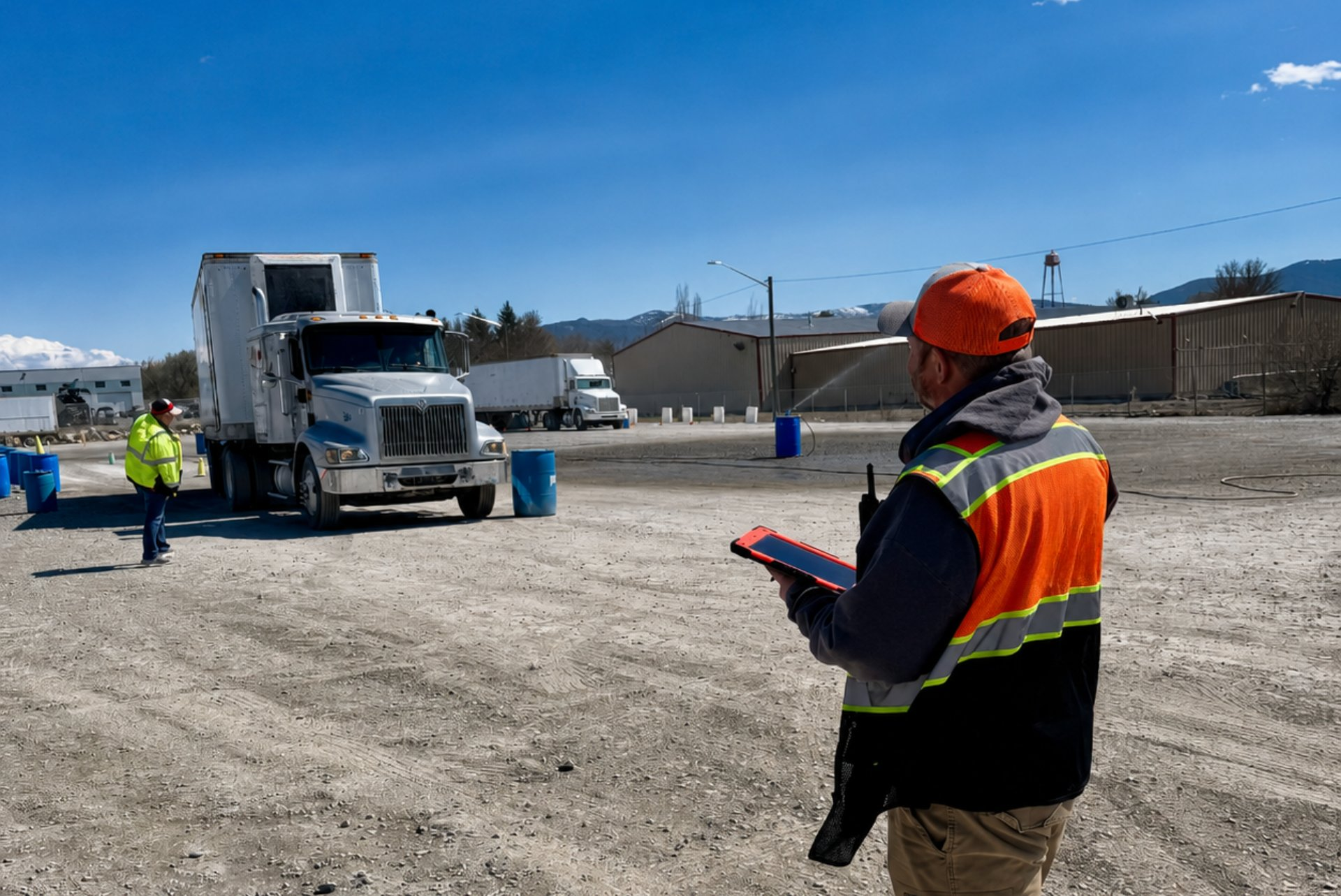 White CDL training truck on a cone course with sunrise behind a utility pole