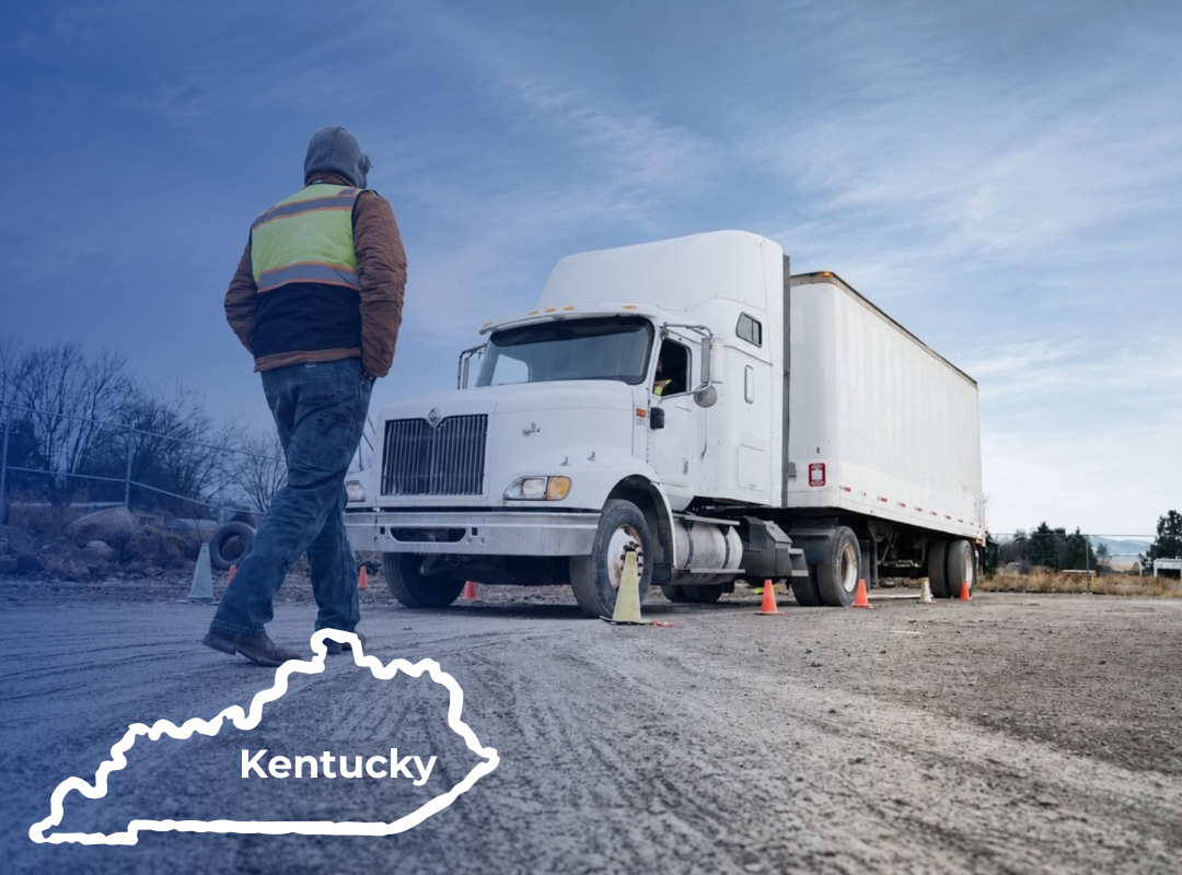 A CDL instructor in a reflective vest stands in an outdoor training lot with a semi-truck; an outline of Kentucky is overlaid.