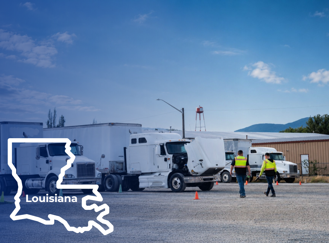 A CDL instructor in a reflective vest stands in an outdoor training lot with a semi-truck; an outline of Louisiana is overlaid.