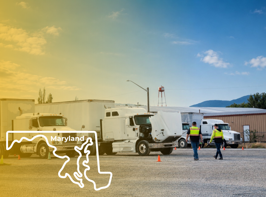 Man in orange vest directing a semi-truck, with an outline of Maryland overlaid.