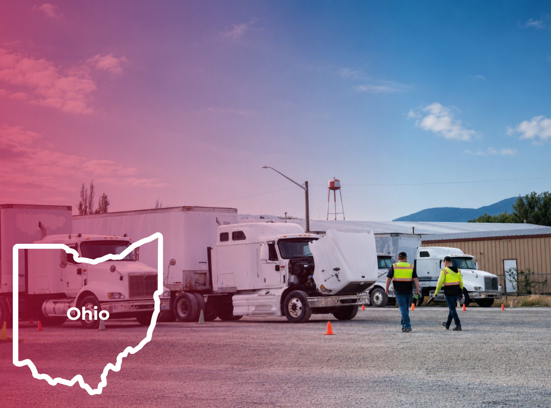A CDL instructor in a reflective vest stands in an outdoor training lot with a semi-truck; an outline of Ohio is overlaid.