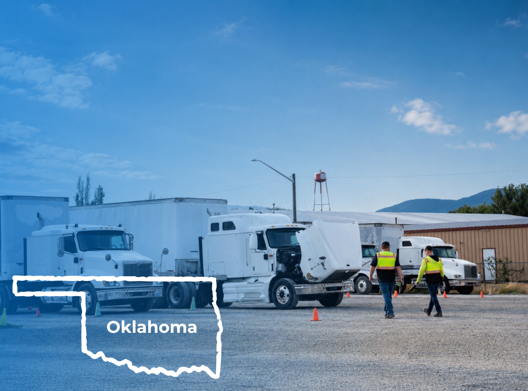 Man in orange vest directing a semi-truck, with an outline of Arkansas overlaid.