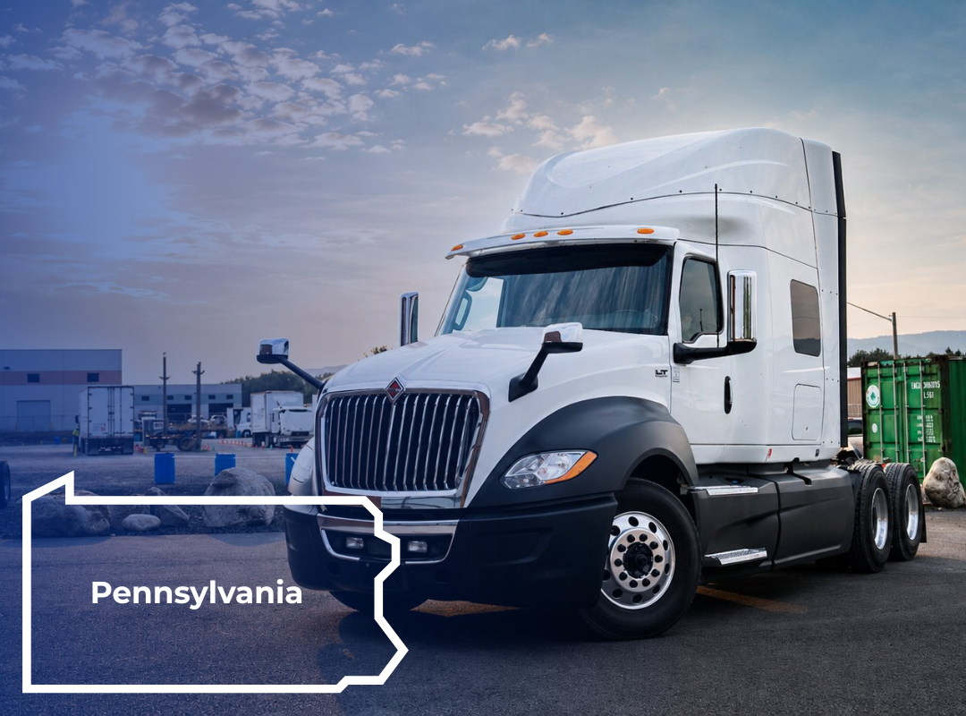 A CDL instructor in a reflective vest stands in an outdoor training lot with a semi-truck; an outline of Kansas is overlaid.
