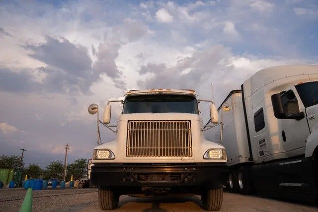 Two white semi-trucks parked side-by-side on a gravel lot under a cloudy sky.