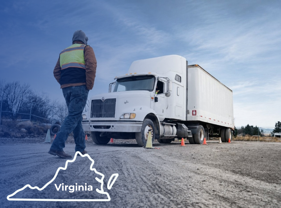A CDL instructor in a reflective vest stands in an outdoor training lot with a semi-truck; an outline of Virginia is overlaid.