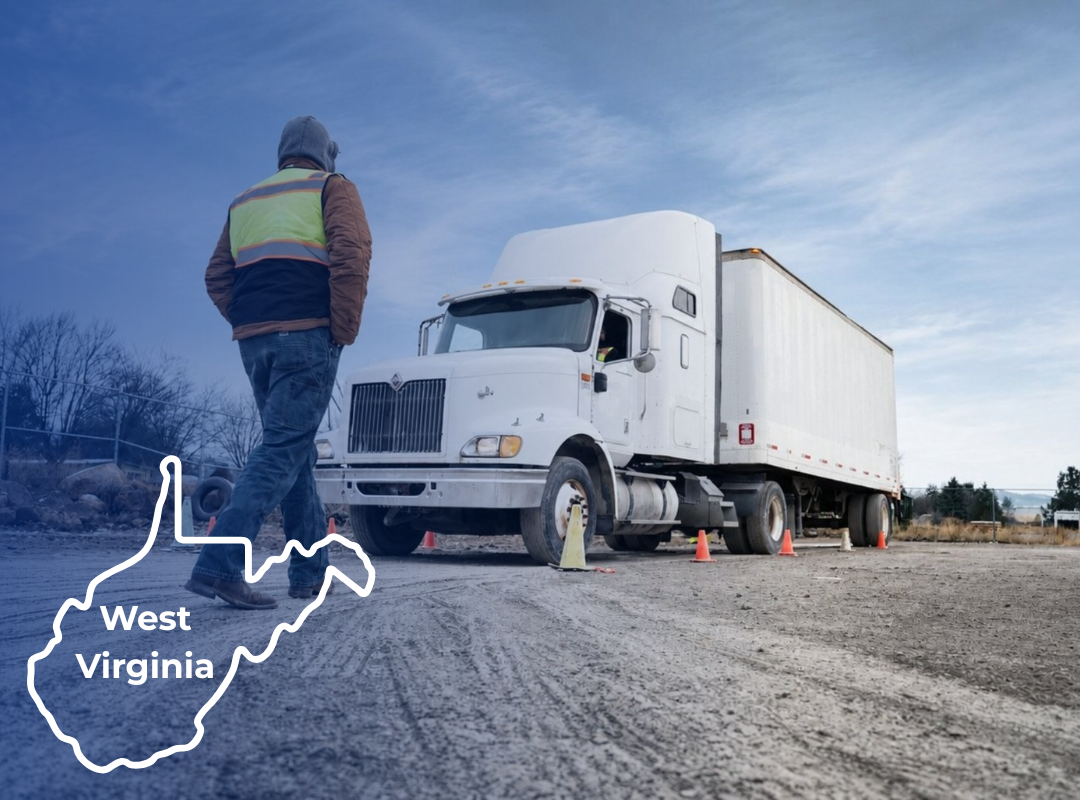 A CDL instructor in a reflective vest stands in an outdoor training lot with a semi-truck; an outline of West Virginia is overlaid.