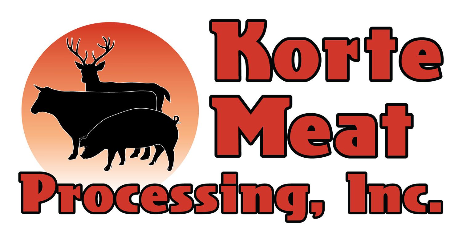 Logo for Korte Meat Processing, Inc. showing a deer, cow, and pig silhouette against an orange circle.