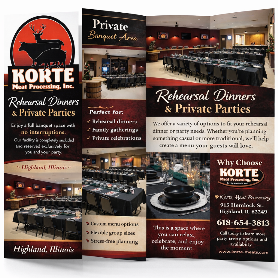 A trifold brochure for Korte Meat Processing, showcasing their private banquet space for rehearsal dinners and parties.