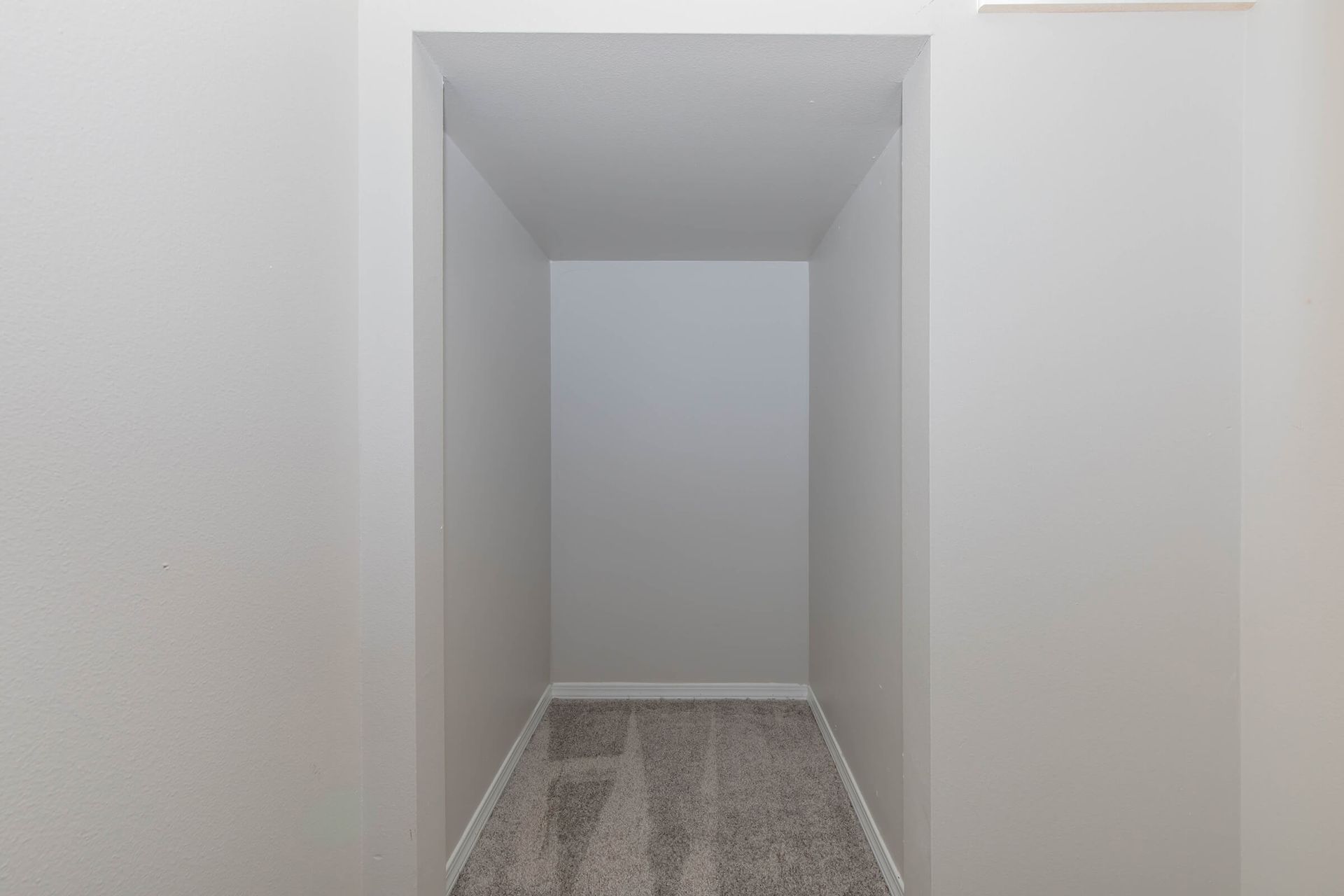 An empty closet with a carpeted floor and white walls.