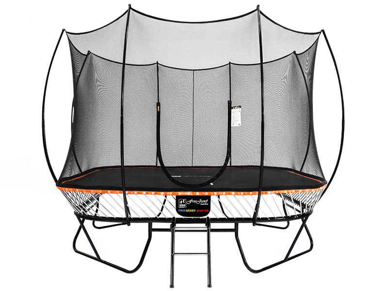 A trampoline with a safety net attached to it