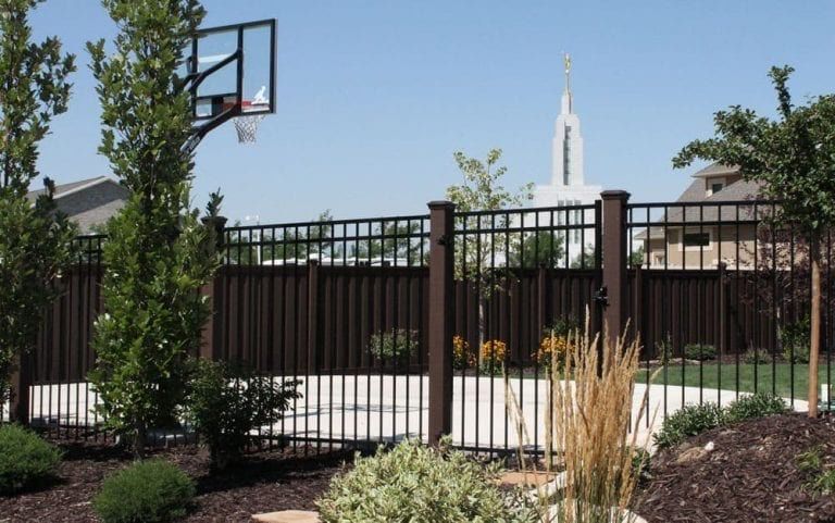 A fenced-in backyard with a basketball hoop, trees, and a temple in the distance under a blue sky.