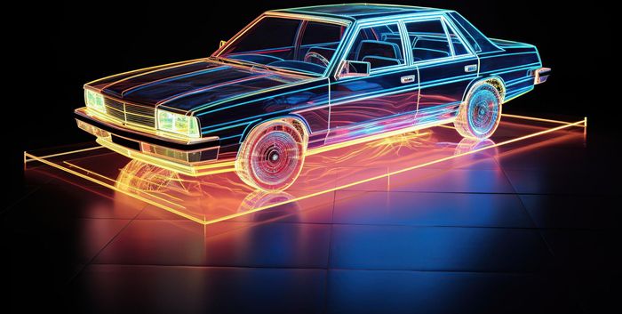 A neon car is sitting on top of a wooden floor.