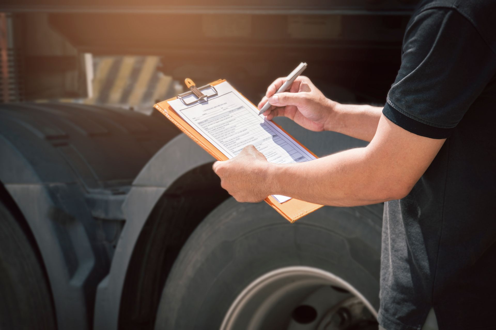 A man is writing on a clipboard in front of a truck.