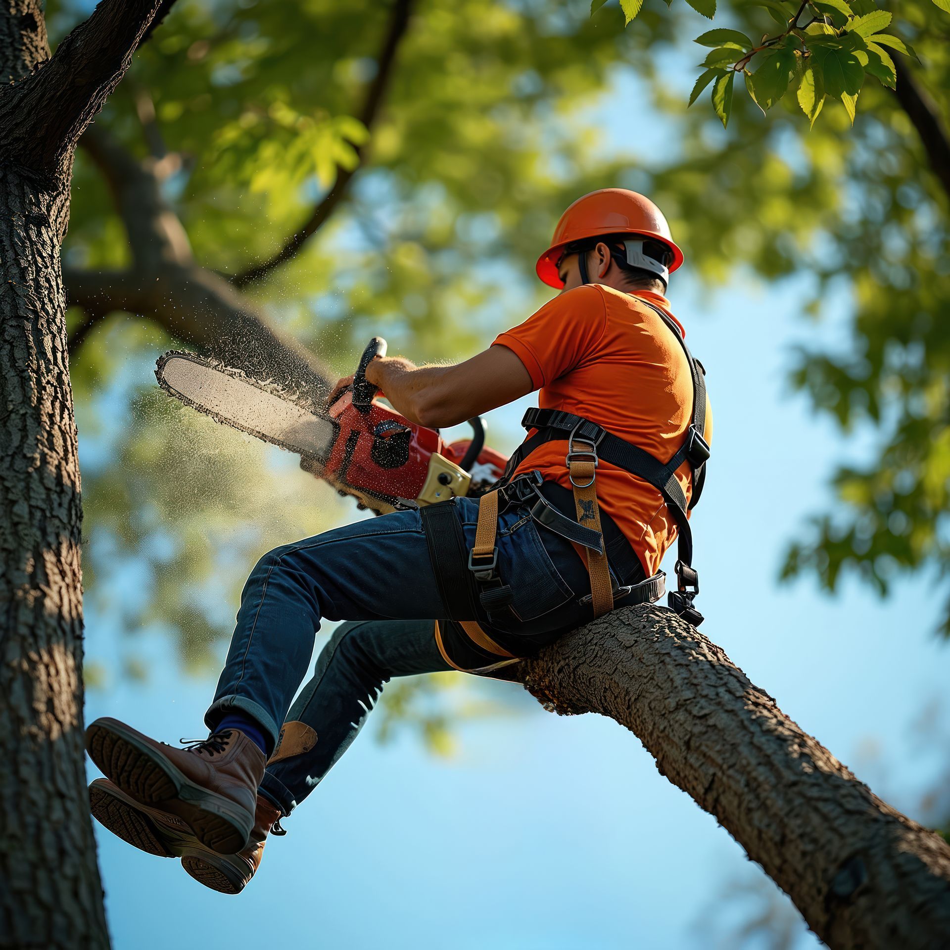 An arborist in safety gear removes a hazardous tree in a sunny park.