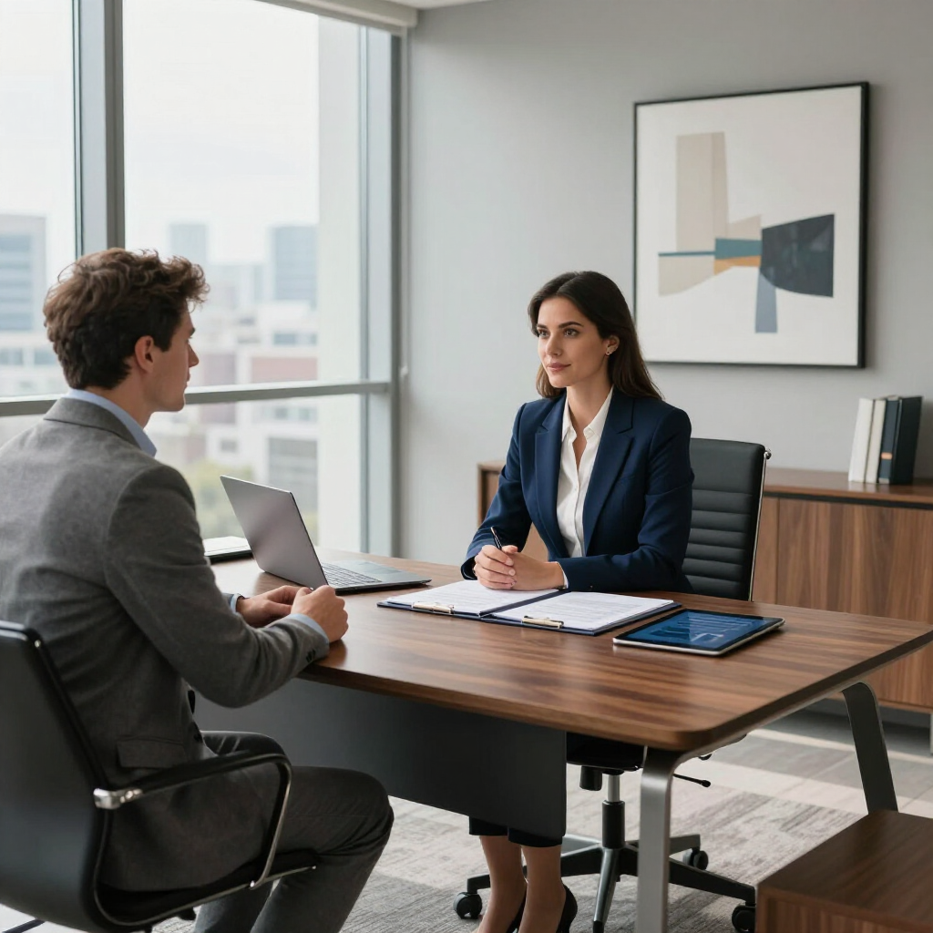 Una entrevista profesional se lleva a cabo en una oficina, con la persona sentada frente al entrevistador.