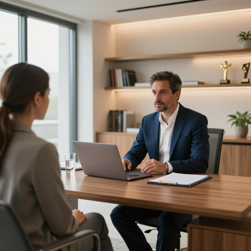 Una reunión de trabajo profesional en la que una persona está sentada en un escritorio.
