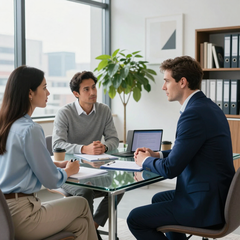 Tres compañeros de trabajo están sentados en una mesa de cristal en una oficina.