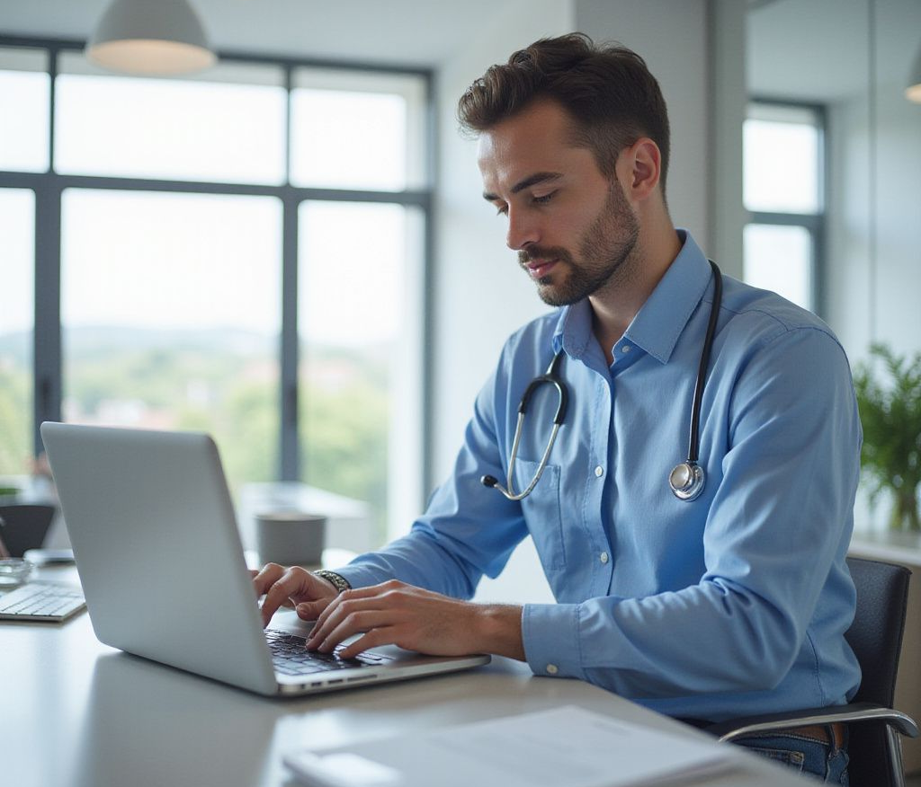 Doctor wearing a stethoscope, typing on a laptop at a desk near a window.