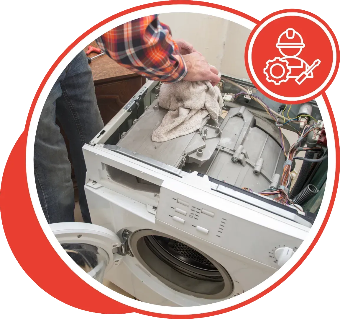 Person repairing a washing machine, with a red and white repair icon.