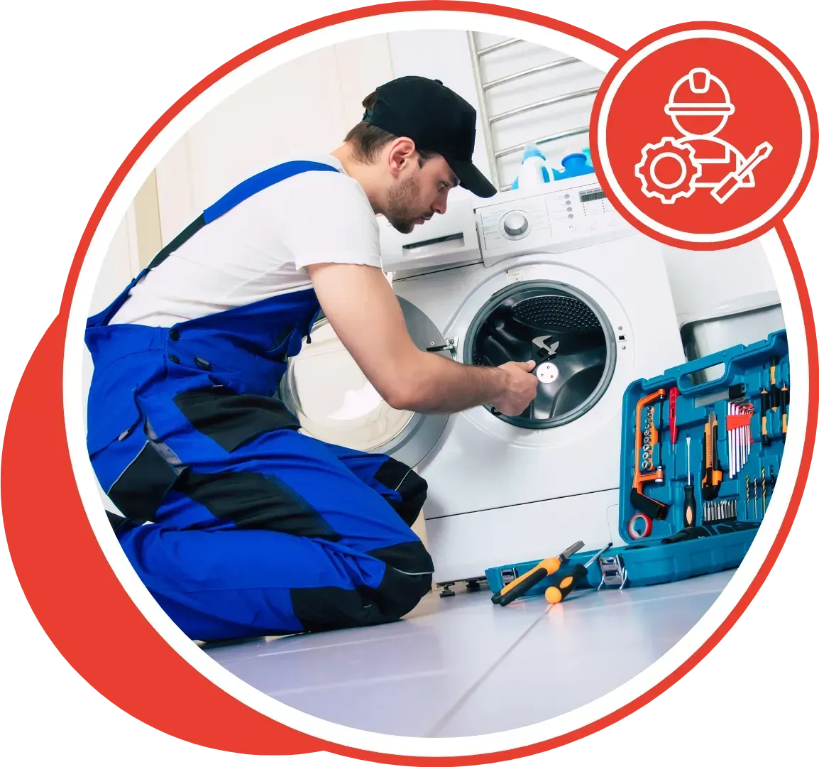 Man in blue jumpsuit fixing a washing machine, tools nearby, in a home setting. Red circle icon of a repairman.