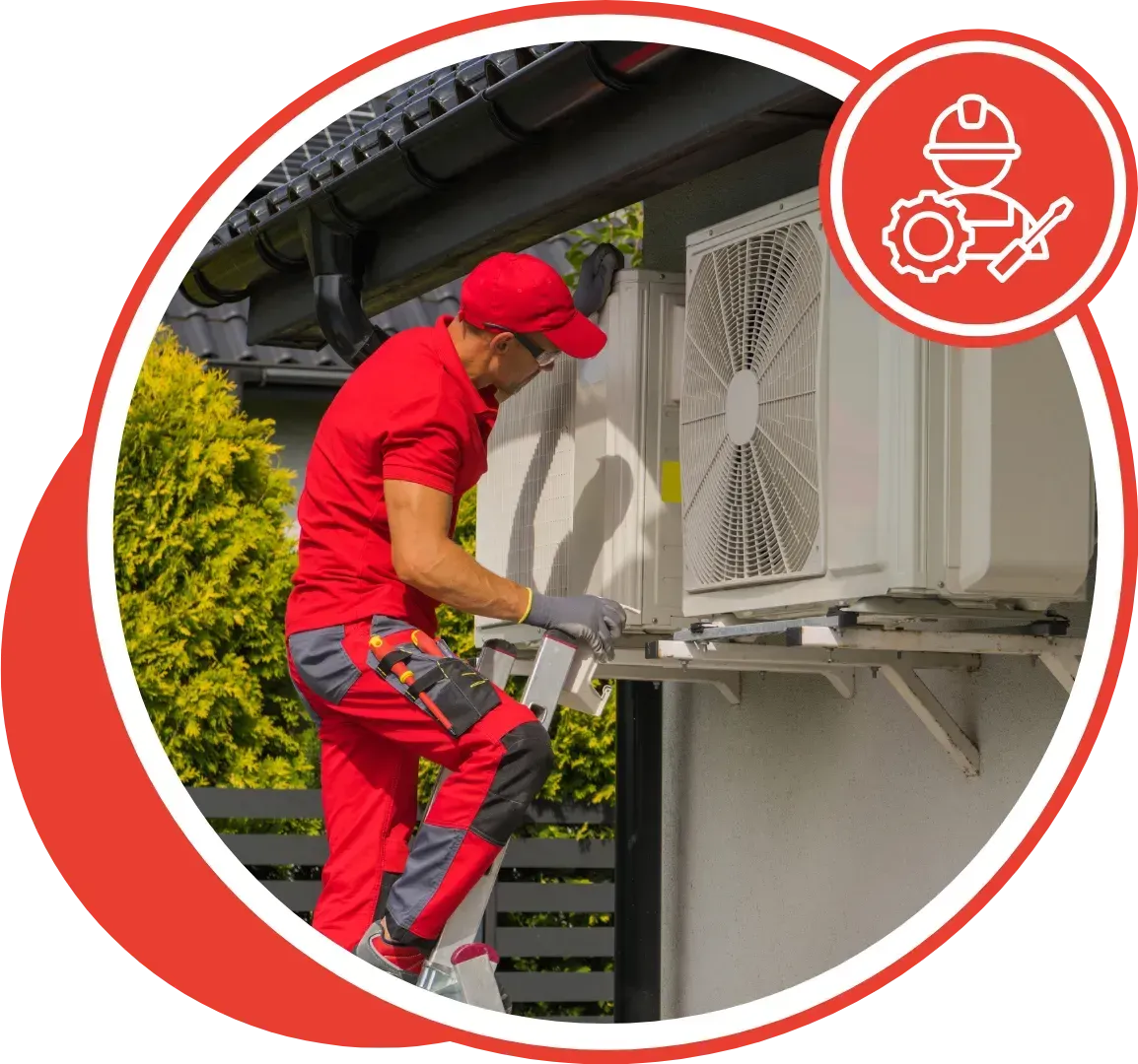 Man in red uniform repairs air conditioner unit on a ladder. Red circle with tools icon in corner.