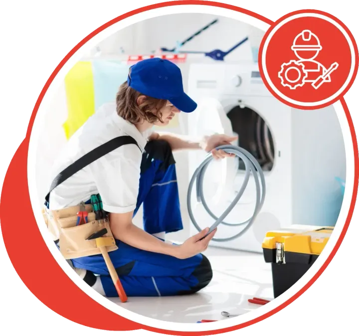 A technician kneels, inspecting a hose near a washing machine. Red circle with a gear icon.