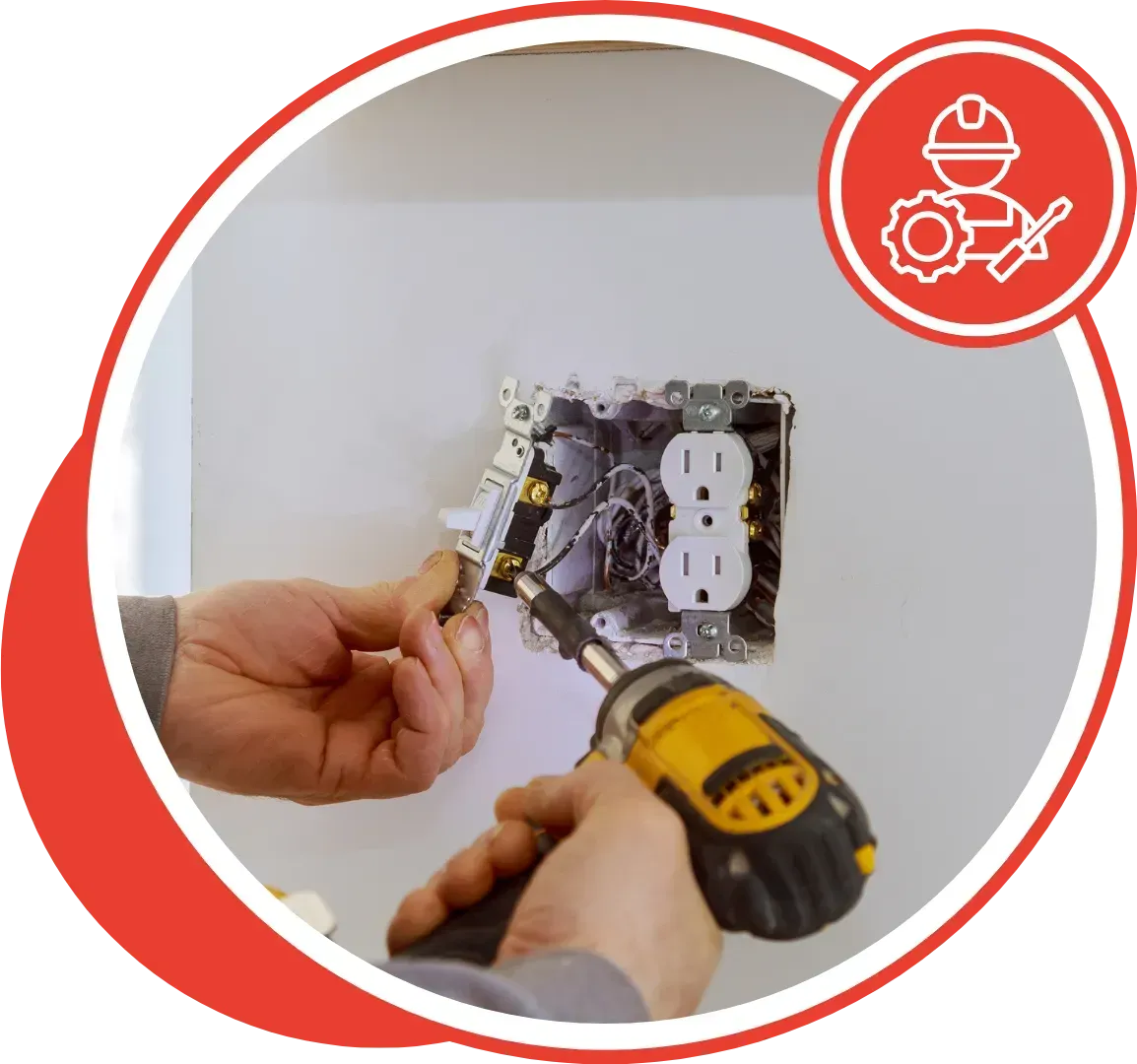 Electrician installing an outlet with a screwdriver; hands visible.