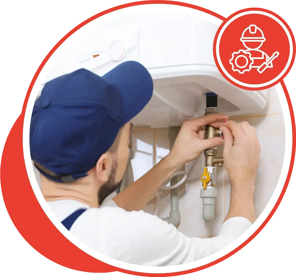 Plumber in blue cap working on a water heater, inside a red circle with a wrench icon.