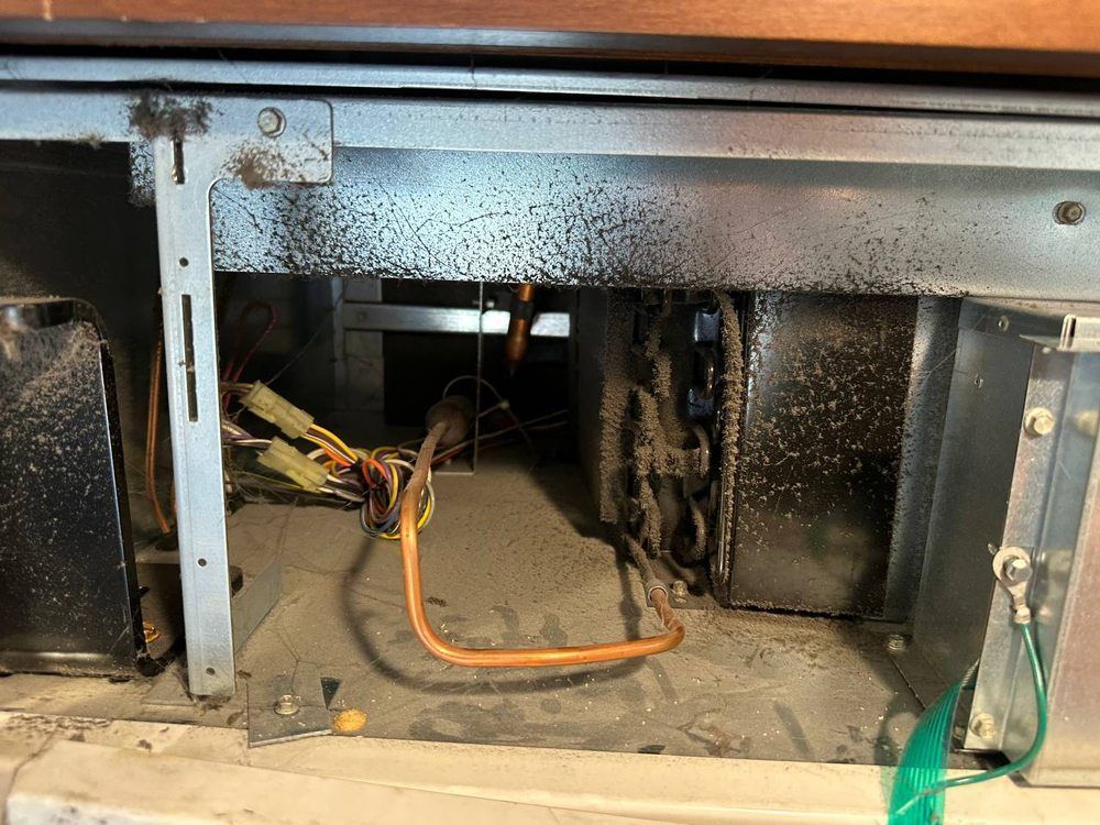 Back of a refrigerator, dusty. Shows wires, pipes, and cooling components.