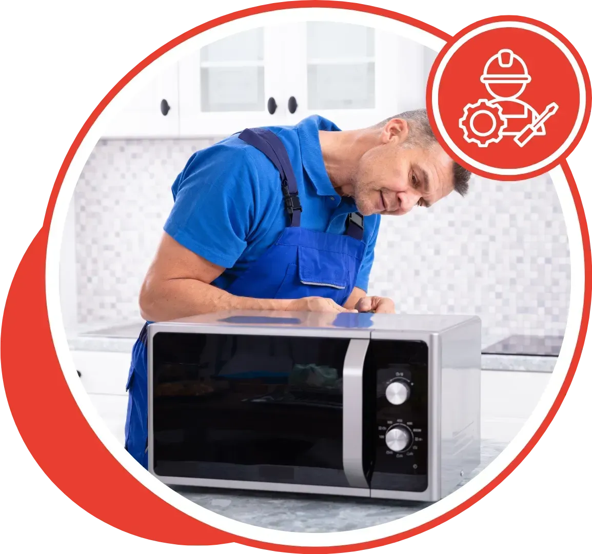 A repairman in blue overalls examines a microwave in a kitchen. Red circle icon of tools.
