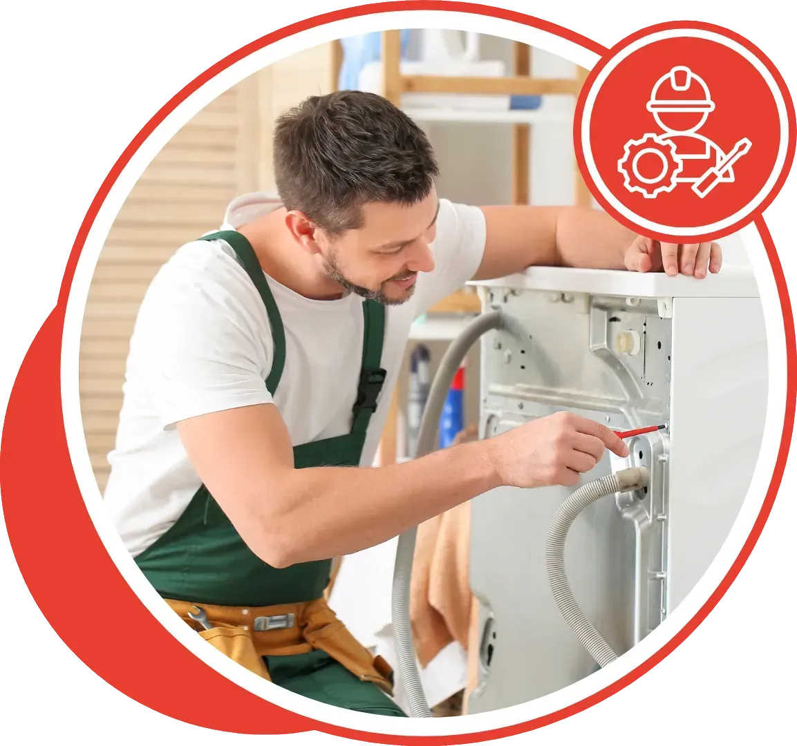 Man in green overalls repairing a washing machine; red circle icon of technician at top right.
