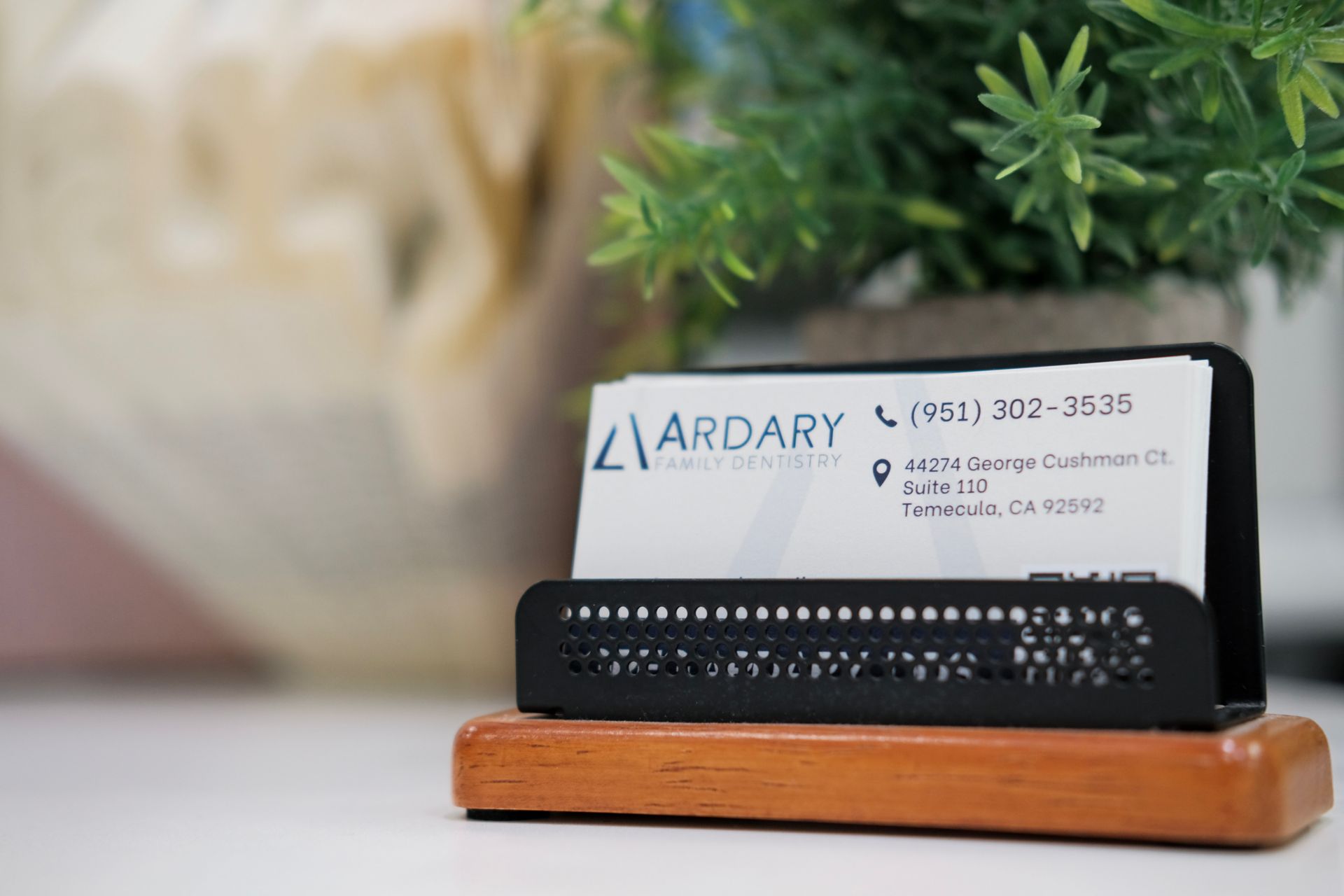 Business card holder on a desk displaying a business card with contact information. A plant is in the background.