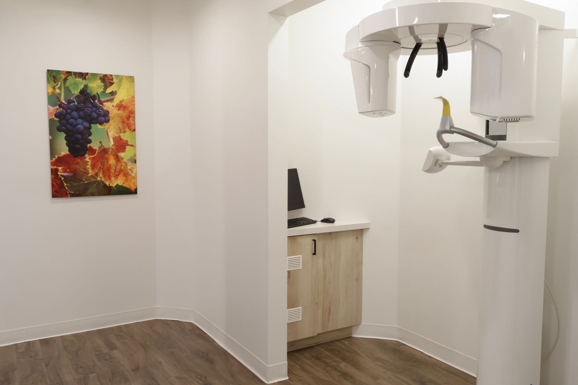 Dental office with a panoramic X-ray machine and a colorful painting on the wall.