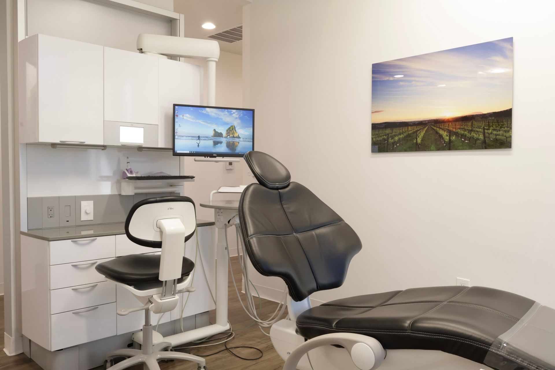 Dental office examination room with a dental chair, monitor, cabinets, and a landscape photo.