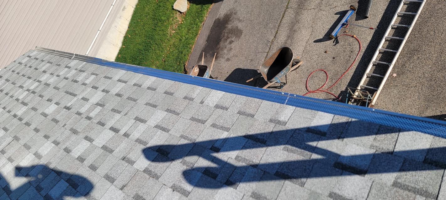 A person is standing on top of a roof with a ladder.