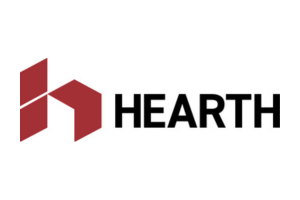 The hearth logo is red and black on a white background.