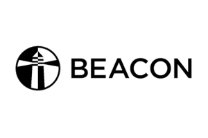 A black and white logo for beacon with a lighthouse in a circle.