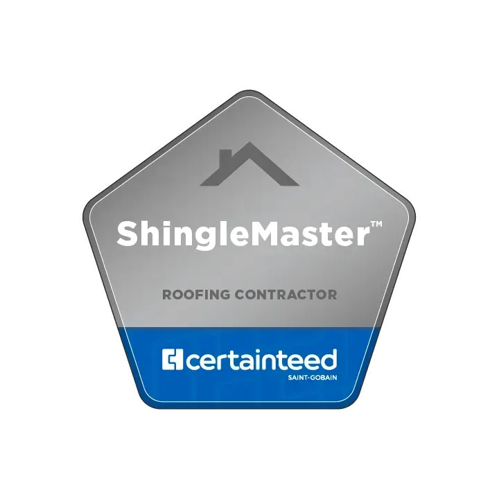 A shinglemaster roofing contractor badge on a white background