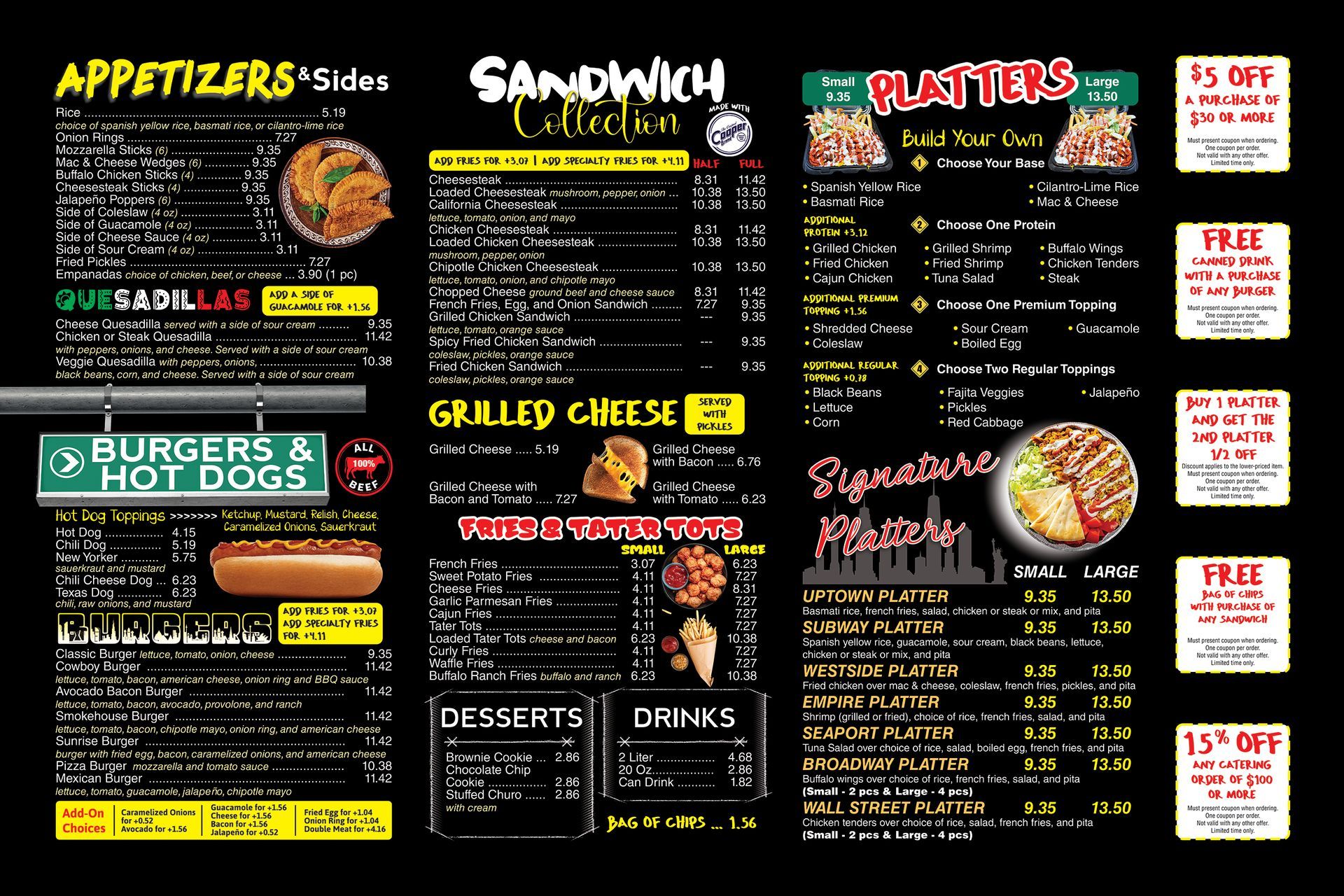 Restaurant menu board with appetizers, sandwiches, platters, desserts, drinks, and special offers.