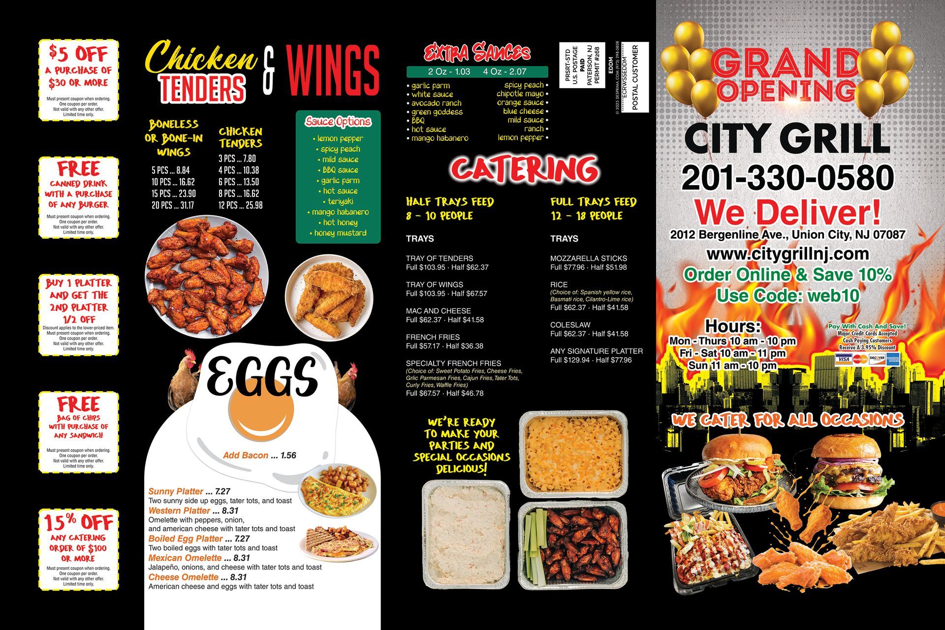 City Grill menu: Chicken & wings, eggs, catering options, grand opening banner, delivery phone number.