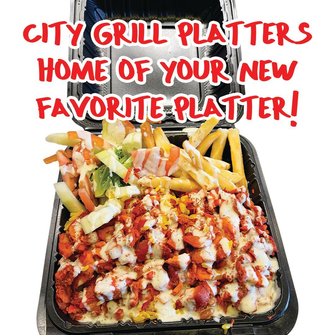 City Grill platter: chicken with fries and salad, in a black container.