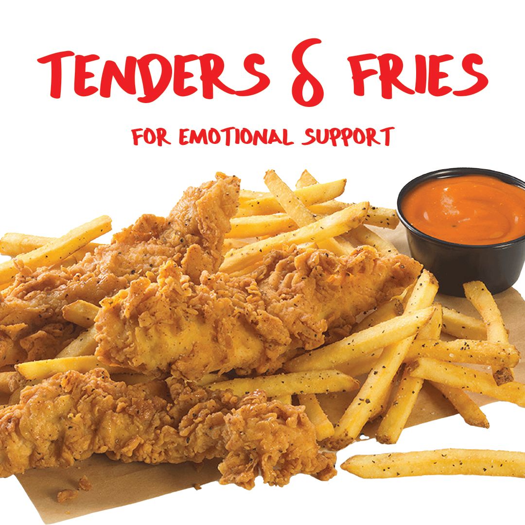Fried chicken tenders and fries with dipping sauce. Text: 