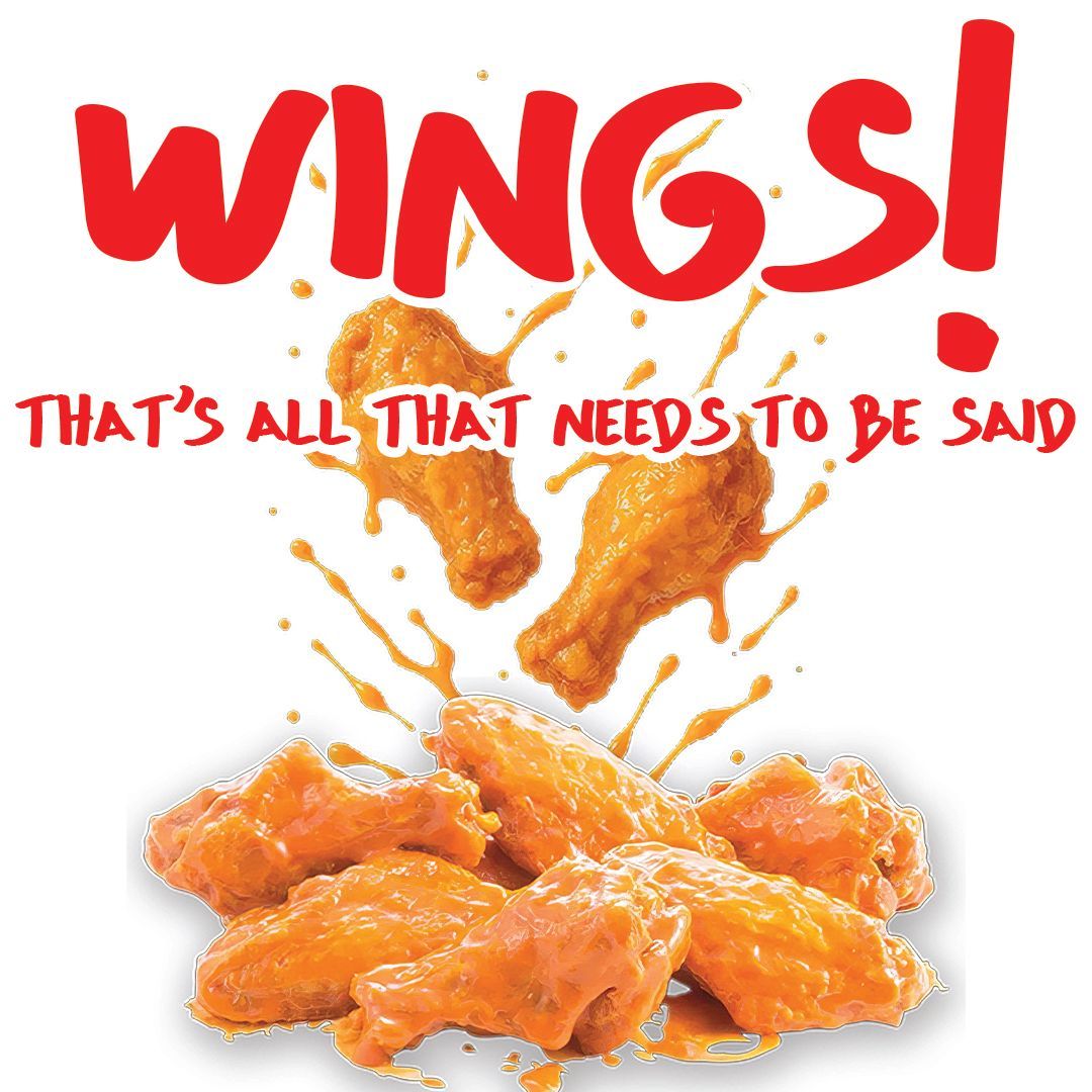 Chicken wings with red text that reads 