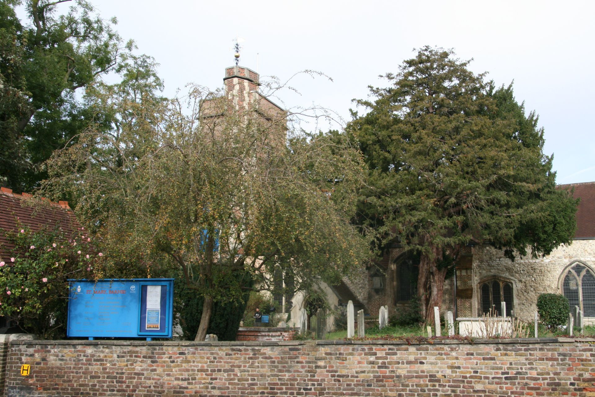 Church tower and trees behind a brick wall. A blue electrical box sits near the wall.