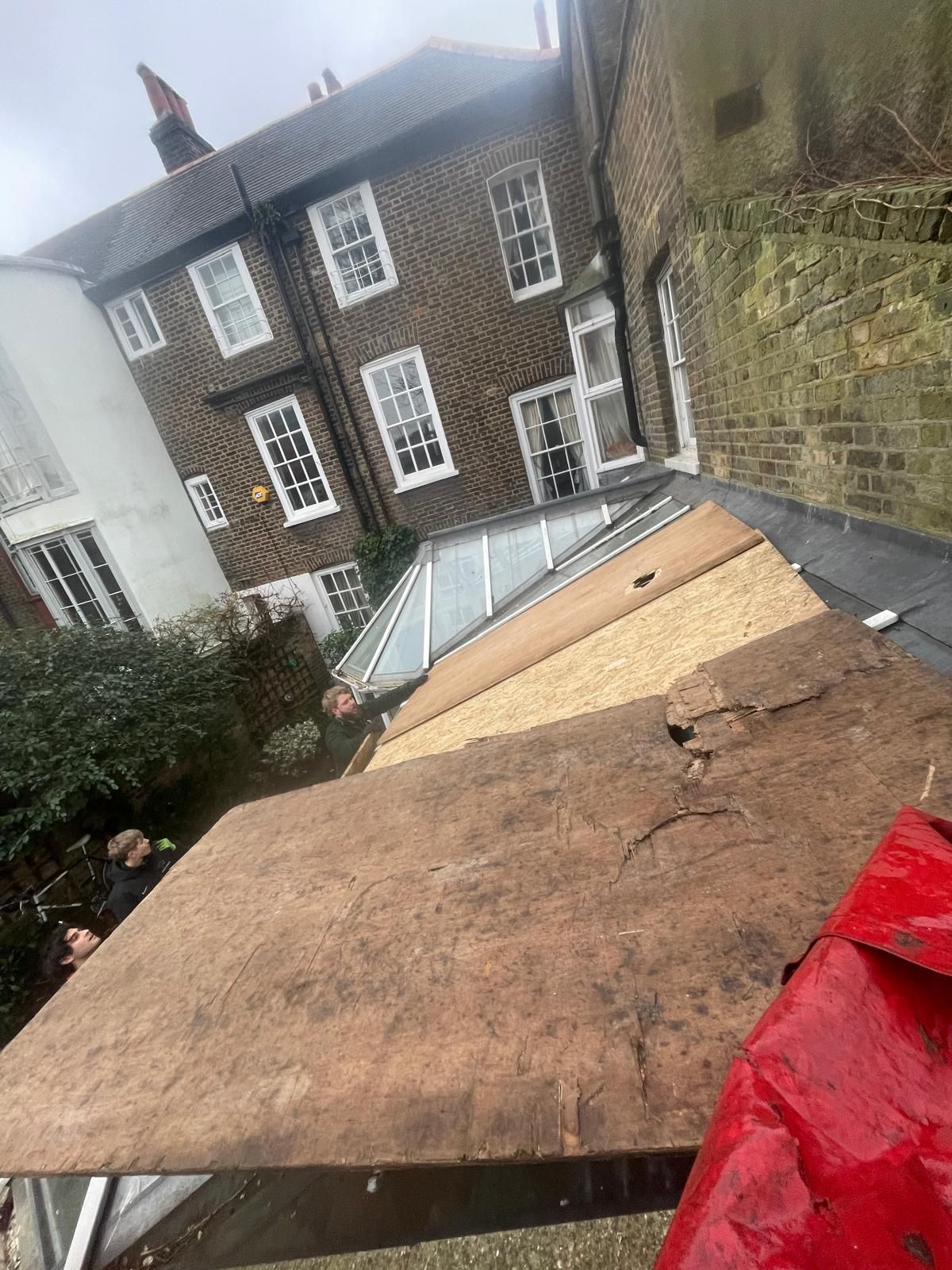 Protecting glass conservatory roof during crown reduction of Horse Chestnut and Sycamore in Hammersmith, London W6